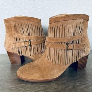 Chico’s Tan Suede Leather Fringe Western Block Heel Ankle Boots 8.5